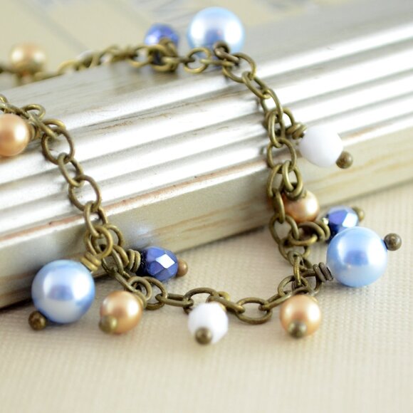 Cluster Bracelet with Light Blue and Bronze Pearls in Antiqued Brass - Picture 2 of 5